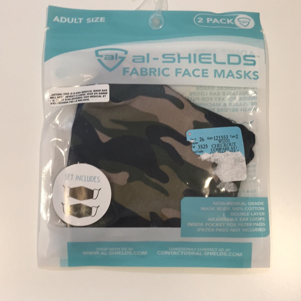 AL-SHIELDS Adult Size Fabric Face Masks 2 pack